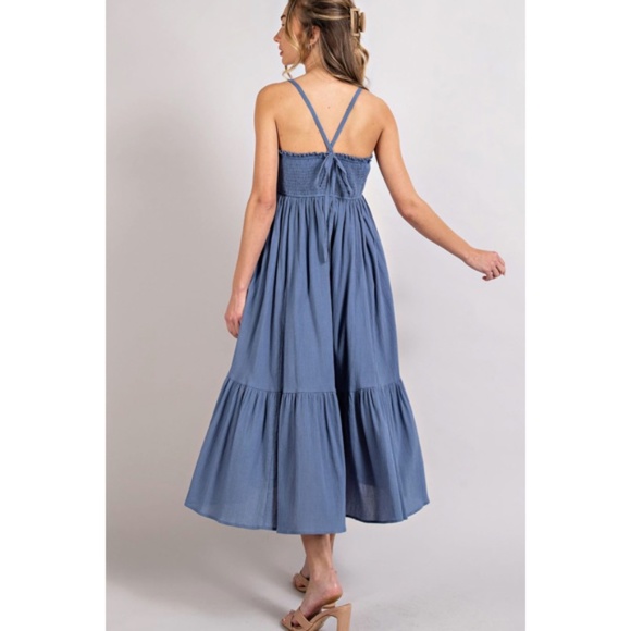SOLD OUT Denim Blue Smocked Open Back Midi Halter Summer Casual Women's Dress - Picture 4 of 9